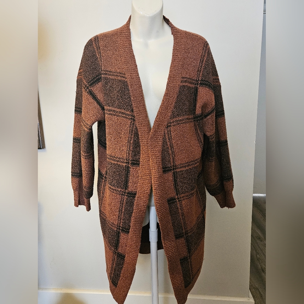 Brown Plaid Open Cardigan